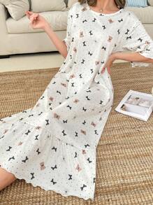 SHEIN Ruffle Trim Short Sleeve Sweet Bear & Bow Print Long Nightgown Babydoll Bowknot, Moo Moo - Beige - View 4