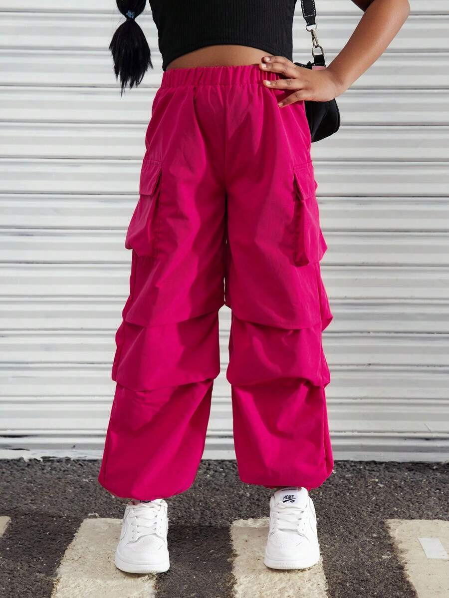 SHEIN Explorewe Tween Girls' Casual Street Style Side Pockets Cargo Pants - Hot Pink - View 1