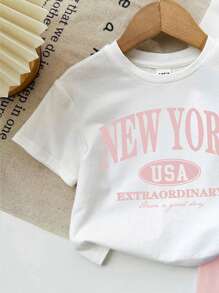 Baby Girl Casual Simple Short Sleeve Outfit, Suitable For Spring & Summer