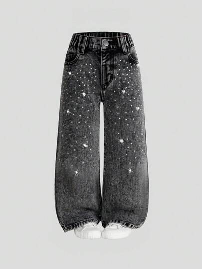 年轻女孩街头学院风休闲时尚心形水钻装饰松紧腰直筒牛仔裤，女孩必备日常时尚时尚服装