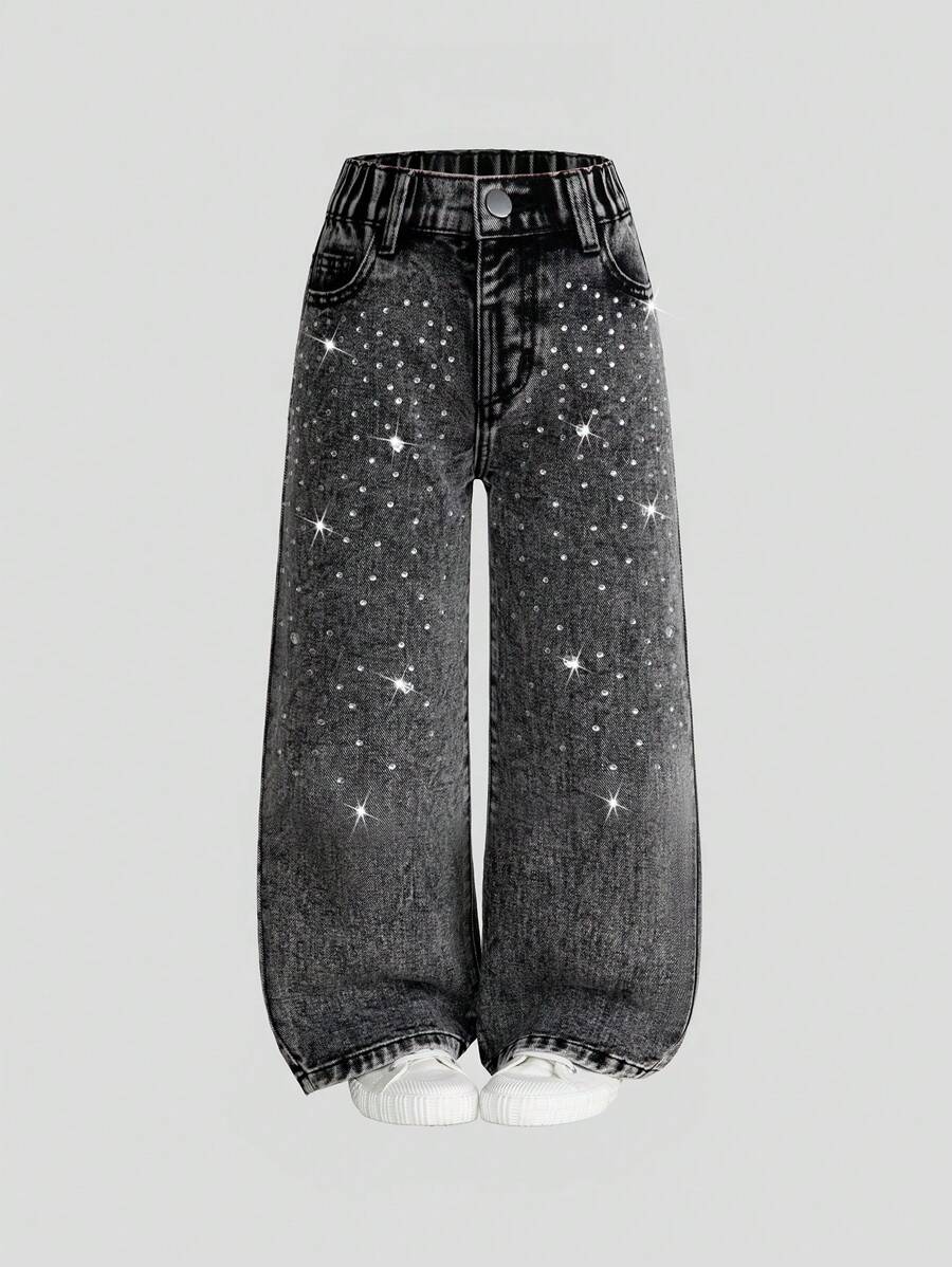 Young Girl Street Preppy Casual Chic Heart Shape Rhinestone Decoration Elastic Waist Straight Jeans, Girls Essential Daily Fashion Chic Outfits, School, Campus, College - Dark Grey - View 1