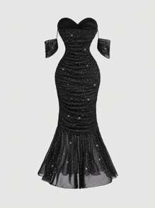 SHEIN MOD 女士露肩网眼长款美人鱼晚礼服，性感黑色连衣裙 - 黑色 - 查看 2