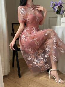 DAZY Đầm maxi dáng lửng tay phồng in hoa mỏng nhẹ, thích hợp cho kỳ nghỉ/hẹn hò, dành cho nữ, kiểu dáng thanh lịch, thích hợp cho lễ Phục sinh. - Hồng - Xem 7