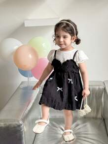 SHEIN 2 pièces Ensemble robe à bretelles mignonne avec nœud papillon et Top à manches courtes pour bébé fille, été
