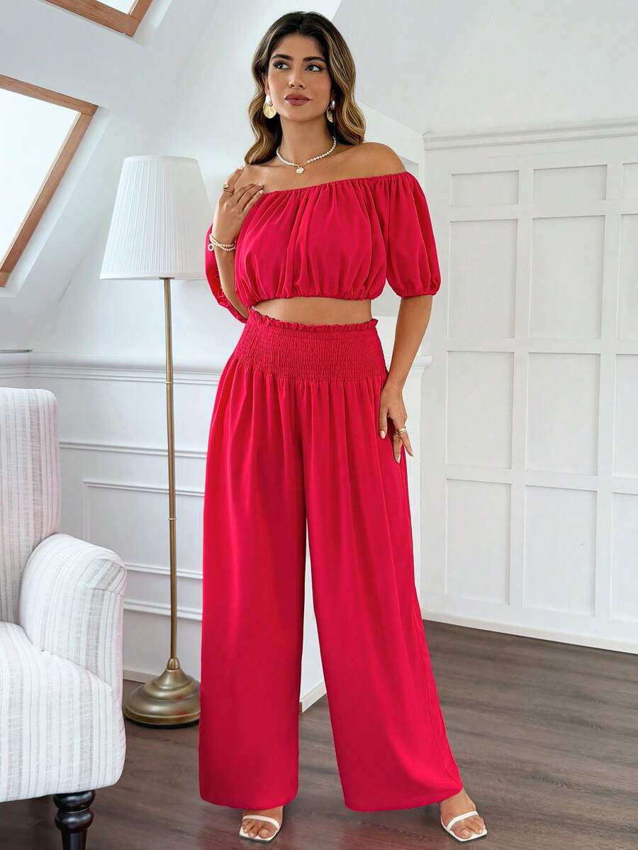 Flirla Shirred Cropped Top & Wide Leg Pants 2pcs/Set, Relaxed Fit - Hot Pink - View 1
