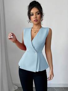 Elenzga 女士休闲无袖衬衫，法式优雅度假和办公装，纯色 V 领交叉双排扣金属纽扣褶皱 A 字型，春夏 - 淺藍色 - 查看 5