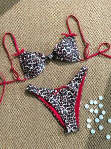 Swim Mod 女士海滩夏季服装：豹纹随机花朵细肩带蝴蝶结性感比基尼套装 - 彩色 - 查看 1