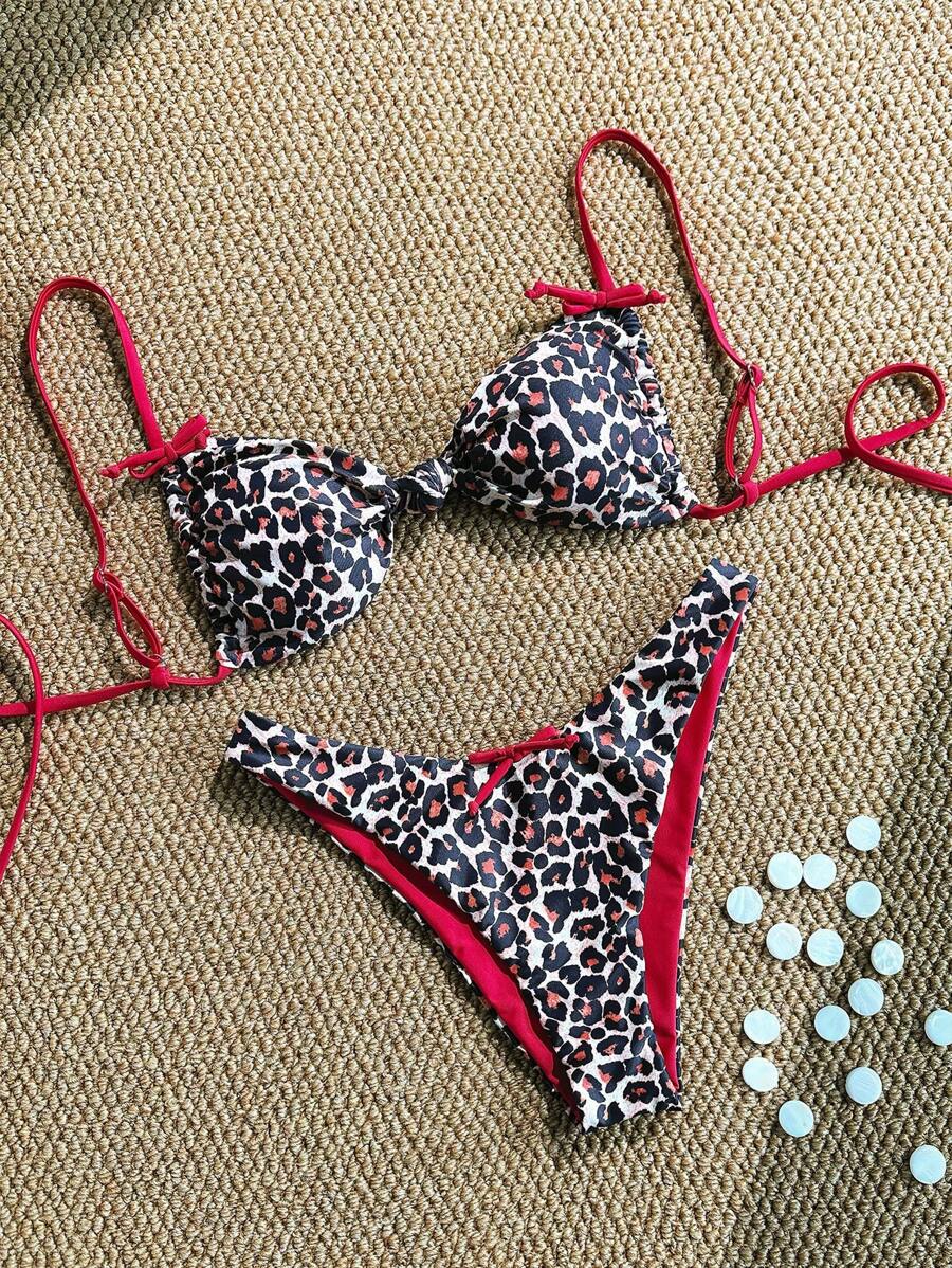 Swim Mod 女士海滩夏季服装：豹纹随机花朵细肩带蝴蝶结性感比基尼套装 - 彩色 - 查看 1