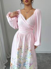 Modelyn Women's Floral Print Lantern Sleeve Sweetheart Neck Elegant Mid-Length Dress - Pink - View 5