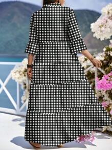 SHEIN LUNE 休闲优雅黑白格子印花大码连衣裙，适合春夏季 - 黑與白 - 查看 4
