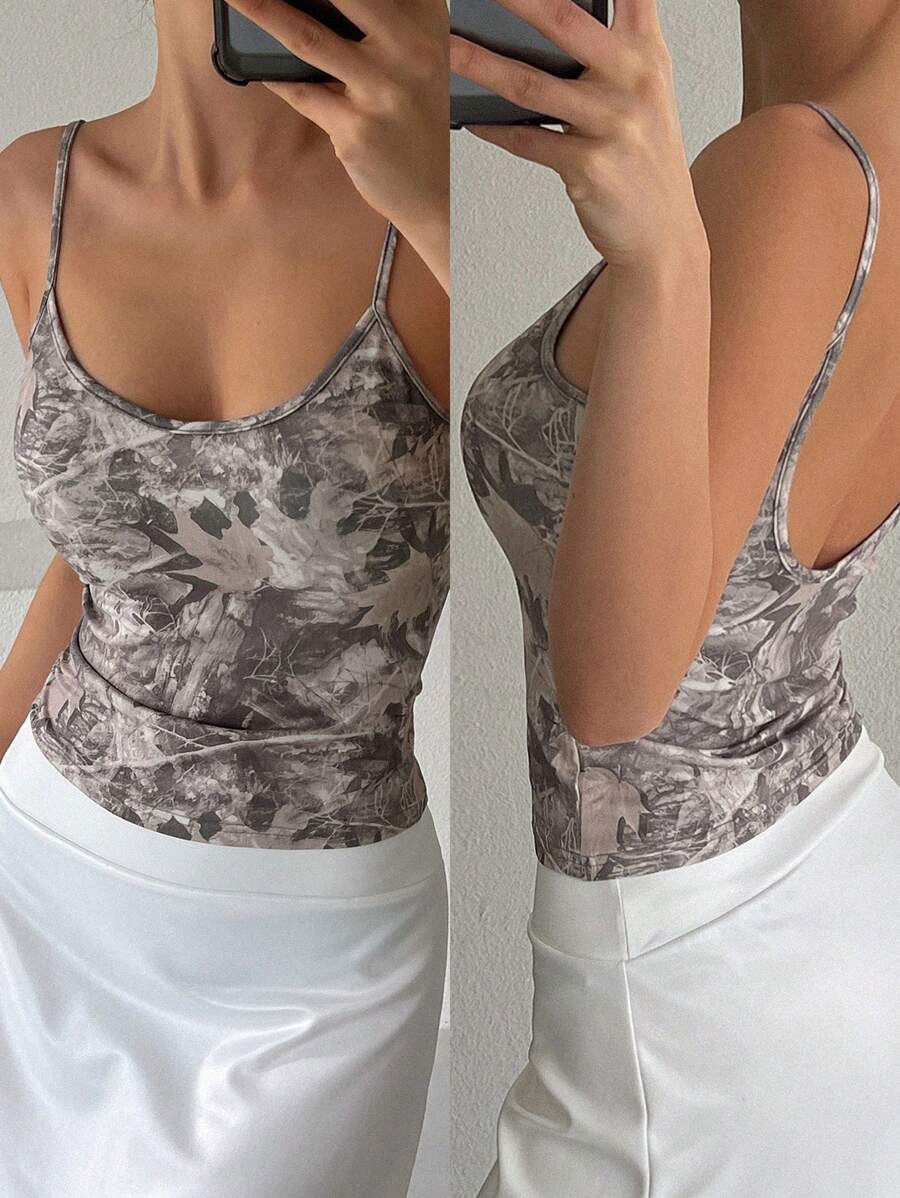 DAZY 1 Áo ba lỗ hở lưng khoét sâu chữ V ôm vừa vặn họa tiết thực vật cho nữ, Quần áo trở lại trường - Nhiều màu - Xem 1