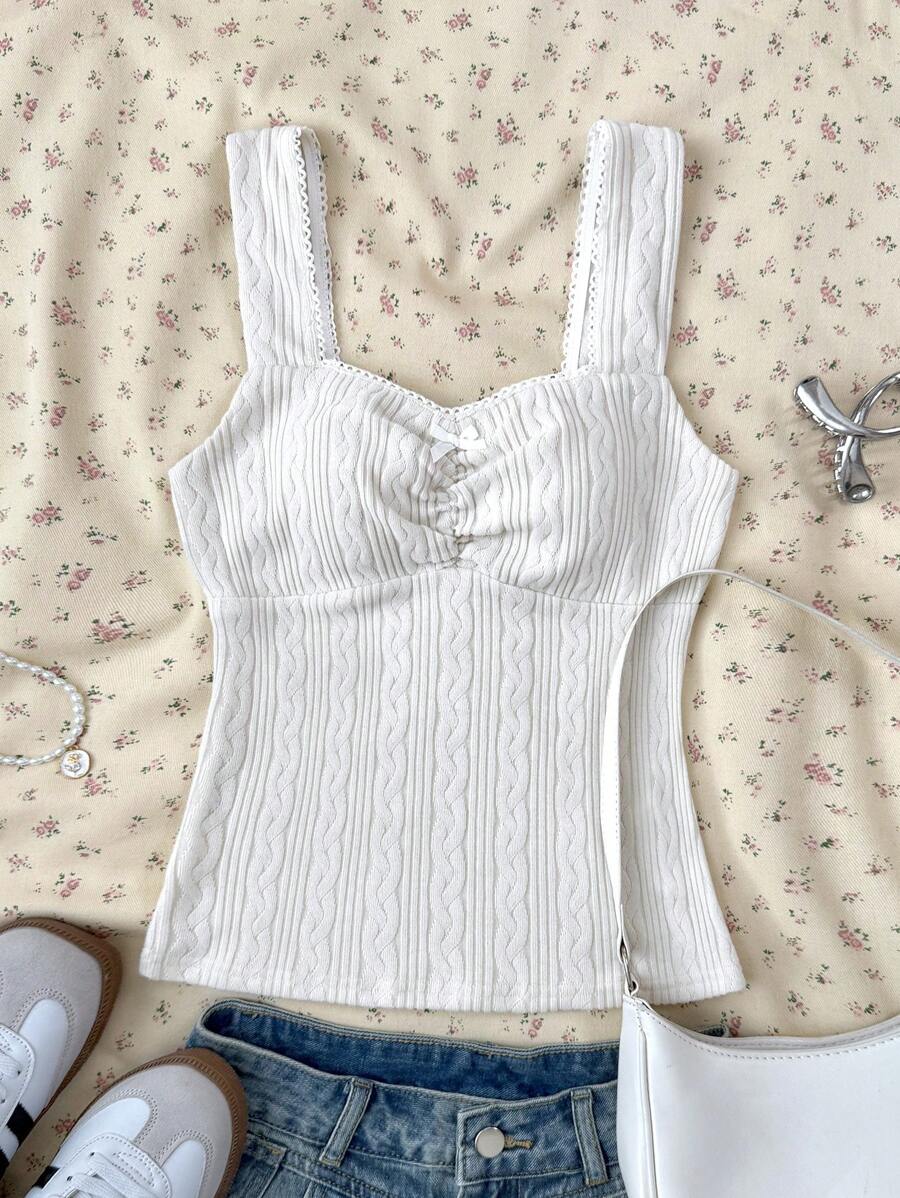 SHEIN 少女休闲BM风格蕾丝边蝴蝶结装饰V领针织吊带背心，适合各种运动、返校、休闲穿着 - 杏色 - 查看 1