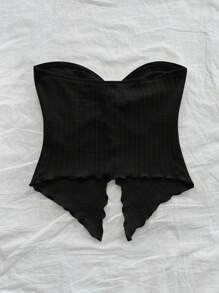 SHEIN PETITE 女装假日鹅黄色针织纹理抹胸中前打结开衩波浪边修身上衣下午茶街头度假秋冬装内外聚会 - 黑色 - 查看 9