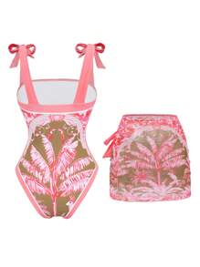 Swim Oasis 2 件套女士夏季针织图案粗肩带泳衣和图案前系带沙滩裙套装