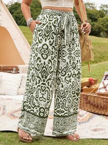 Breezaya Plus Size Women Elegant Commute& Vacation Versatile Totem Pattern Tie Waist Long Pants