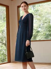 Uhlyne Women's V-Neck Chiffon Splicing Ruched Puff Long Sleeve Belted Buttoned Mid-Calf Lining Dress Fall Cloth For Women - Navy Blue - View 7