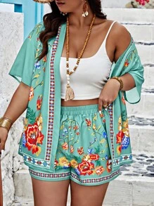 Breezaya Random Floral Plus Size Short Sleeve Shirt & Shorts 2 Pieces Set