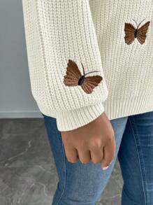 SHEIN Clasi Women Plus Knitted Butterfly Embroidery Long Sleeve Regular Elegant Pullover Sweater, Autumn Winter Fall - Beige - View 4