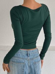 DAZY 女士撞色蕾丝长袖修身打底 T 恤，绿色上衣 - 墨綠色 - 查看 5