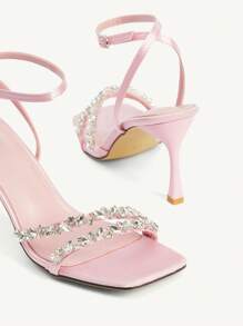 CUCCOO CHICEST 女士粉色水钻方形简约系带方头细高跟中跟高跟鞋，优雅休闲舒适一脚蹬工作通勤正装凉鞋，适合约会、聚会、下午茶 - 粉色 - 查看 10