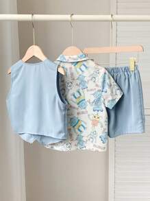 3 paquetes de conjuntos de camisa de solapa con estampado completo retro y artístico, chaleco y pantalones cortos de estilo deportivo informal para niños pequeños. Adecuado para fiestas de cumpleaños, fiestas de noche, actuaciones, bodas, bautizos, ceremonias de inauguración, uso diario, escuela, viajes, deportes, primavera y verano.