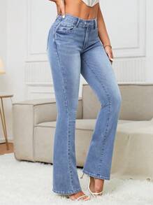 SHEIN Tall 休闲洗水低腰紧身喇叭腿牛仔裤 - 淺色水洗藍 - 查看 5