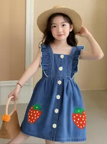 1pc Girls Casual Cute Collegiate Style Blue Woven Bleached Denim Strawberry Cap Sleeve Dress,Holiday,Summer,Travel - Blue - View 1