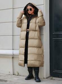 RueChic Plus Solid Button Up Hooded Long Padded Coat - Beige - View 4