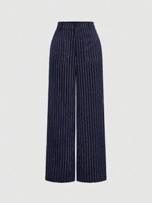 SHEIN MOD V-Neck Sleeveless Side Tie Waist Straight Pants Navy Striped Suit Set,Early Autumn Outfit Back To School Preppy Tops 2pcs Set Navy Pants Old Money Style,Business Casual Women,Office Wear Women Set.Striped Navy Set,Professional Clothes