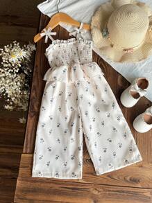 SHEIN Vintaside Kids 女嬰白色夏季波西米亞度假風碎花荷葉邊飾蝴蝶結設計舒適柔軟梭織連身褲優雅時尚休閒外出穿搭 - 米色 - 查看 9