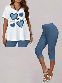 EMERY ROSE 2pcs/Set Casual Minimalist Heart Pattern Plus Size Outfit Suitable Summer Outfits For Women Beach Casual Sets For Women Suitable For Going Out