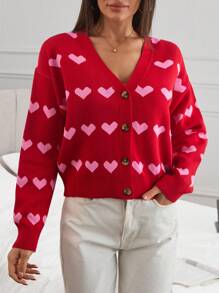 EURMUSE Women Hearth Pattern Front Button V-Neck Cardigan,Long Cardigans Woman,Petite Cardigans,Cardigans - Multicolor - View 5