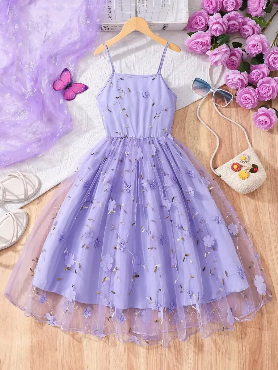 Sparklyn Tween Girl 花卉印花网眼优雅吊带连衣裙 - 紫色 - 查看 1