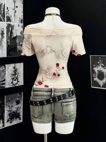 EgrlEra Women's Sexy Vintage Floral Graphic One-Shoulder Short Sleeve T-Shirt, Going Out Outfit, 70s Disco Style