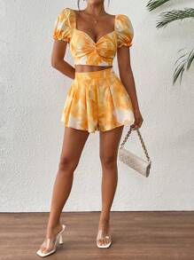 Breezaya 2 件套女士纯色短袖短款上衣和裙子，女士夏季服装女士两件套服装，女士夏季服装 - 黃色 - 查看 3