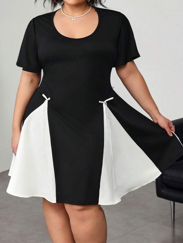 SHEIN CURVE+ Plus Size Women's Spring/Summer Bow Decoration Round Neck Short Sleeved Elegant Short Dress