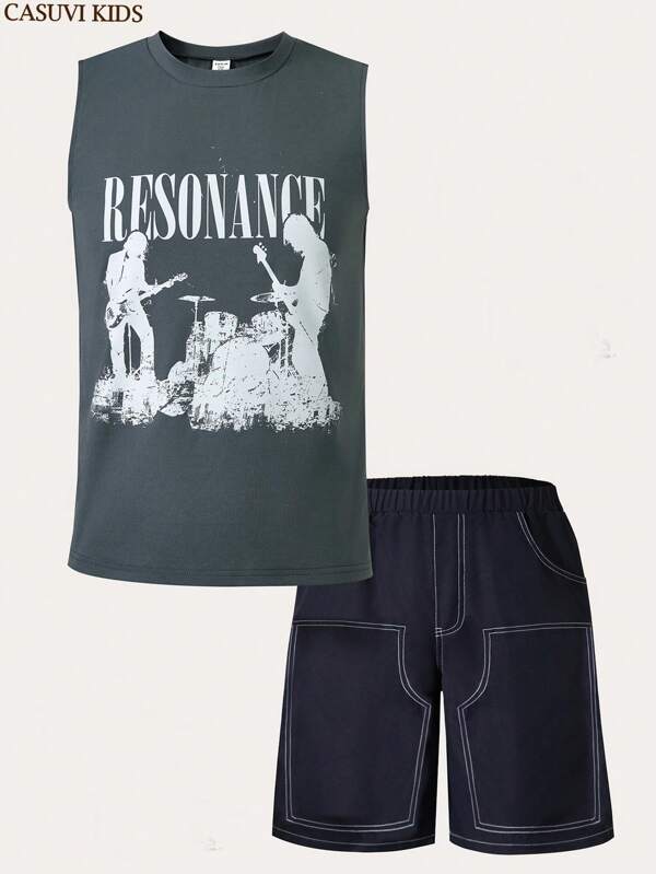 SHEIN 2 Pcs Set: Teen Boy Graphic Letter & Character Print Round Neck Tank Top And Shorts