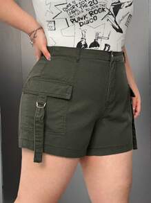 SHEIN EZwear Army Green High Waist Non-Stretch Denim Cargo Shorts - Blue - View 6