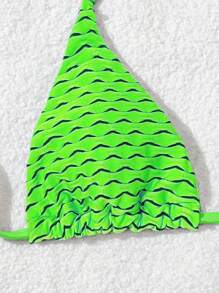 SHEIN Swim 女士夏季海滩全印花性感吊带比基尼上衣 - 綠色 - 查看 4