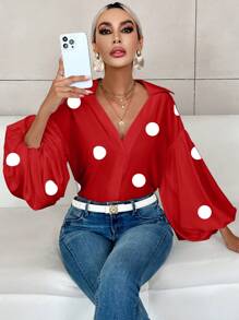 SHEIN Privé Women's Elegant Vacation & Office Lantern Sleeve Button V-Neck Polka Dot Print White Shirt