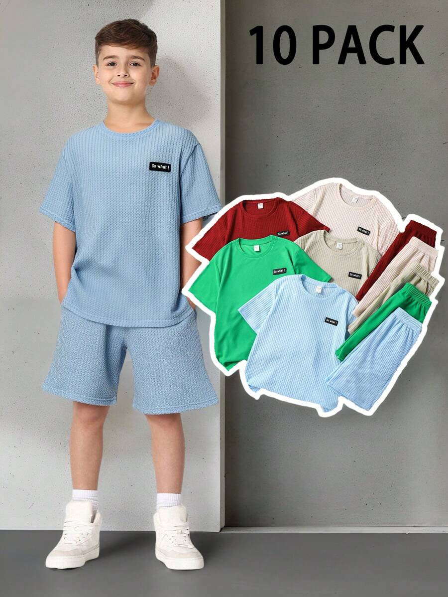 SHEIN Leap Crew 10pcs Kids & Tween Boys Casual Vacation Graphic Letter Printed Round Neck Loose Fit Short Sleeve T-Shirt And Shorts 2 Pieces Set, Versatile, 5 Styles Included, Suitable For School, Garden, Beach, Birthday, Spring, Summer, Autumn, Winter