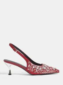 CUCCOO TILAWA Women's Pointed Toe Rhinestone High Heels Burgundy Closed Toe Party Pumps - Burgundy - View 3