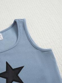 Tween Girls 2Pcs Set Solid Ribbed Knit Star Embroidered Cami Top & Casual Shorts, Daily Outfit, Fashionable Outside Wear, Back To School - Blue - View 4