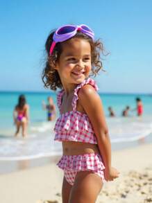 Girls Pink Plaid Striped Double Ruffle Bikini Set, Matching Outfits Mommy And Me (4 Pieces Sold Separately)