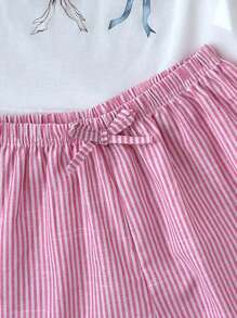 SHEIN 2pcs/Set Teen Girls' Bow Print Round Neck Short Sleeve White T-Shirt And Pink Striped Shorts Set, Suitable For Spring/Summer