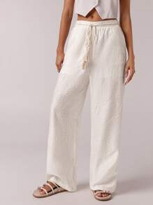 Forever 21 春季度假波西米亚风白色亚麻贝壳刺绣流苏前系带女裤 - 白色 - 查看 5