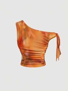 SHEIN MOD Asymmetric Shoulder Floral Van Gogh Painting Blur Flower Print Mesh Romantic Vacation Stretchy Plus Size Camisole Top,Summer Outfits For Women ,Festival Outfits For Women, Beach Outfits For Woman - Multicolor - View 2