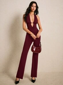 Poéselle 1pc Women's Solid Color Halter Neck Minimalist Fashionable Jumpsuit, Suitable For Summer - Burgundy - View 4