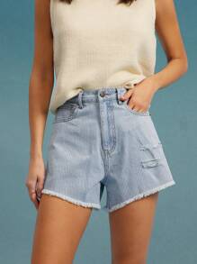 WESTFADE High Rise Spring Striped Curved Split Distressed Hem Relaxed Western Denim Jeans Shorts Summer Beach Vacation - Light Wash - View 5