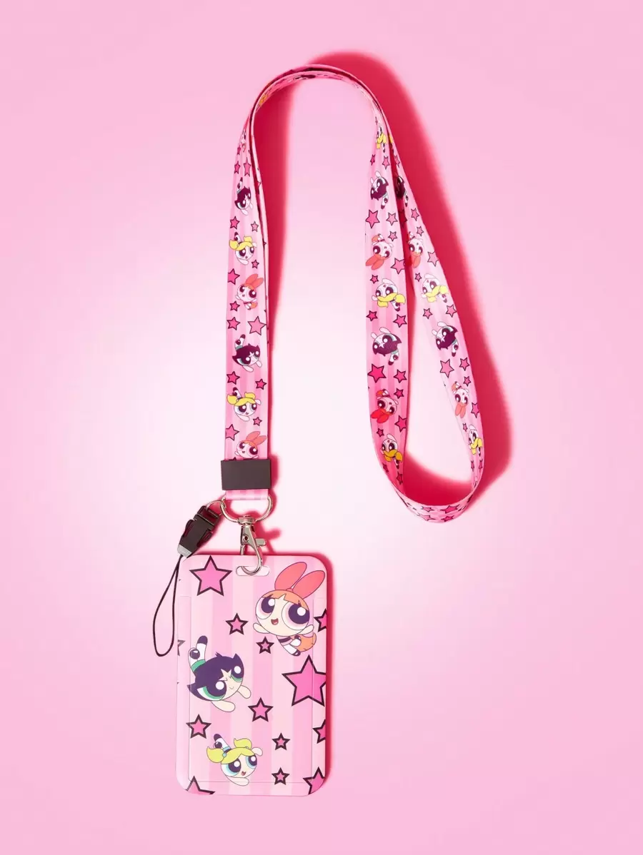 THE POWERPUFF GIRLS X SHEIN Pink 3-In-1 Cute Stars And Blossom, Bubbles, Buttercup Pattern Card Holder With Lanyard - Pink - View 1